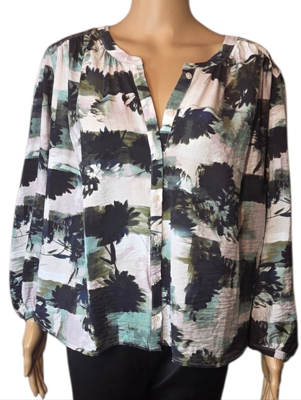 Simply Vera Verawang Shirt Balloon Sleeve Green Black Womens Size PXL